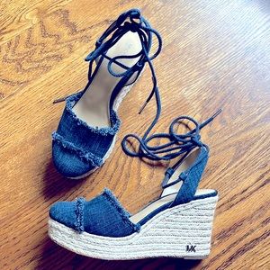 Michael Kors Margie closed toe denim wedges, size 7, laces wrap around ankle